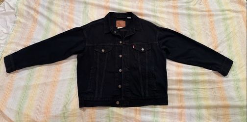 Like New Levi’s Premium Big E Black Denim Jean Trucker Jacket Men’s Hip Baggy Short Size Small