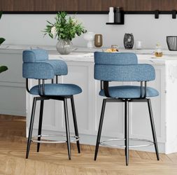 Blue Upholstered Bar Stools Set of 3 – Modern Kitchen Island Chairs with Backrest, Black Metal Frame