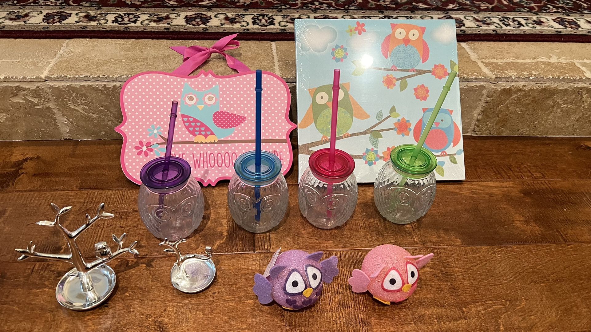 Owl Shaped Glasses, Owl Jewelry Trinket Stand, Owl Wooden Plaque, Owl Light ups and Owl Canvas