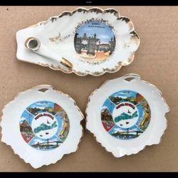 3 Vtg. Porcelain Souvenir Items From Nova Scotia + France Limoges Cigar Ashtray + Trinket / Jewelry Mini Dishes  1960s