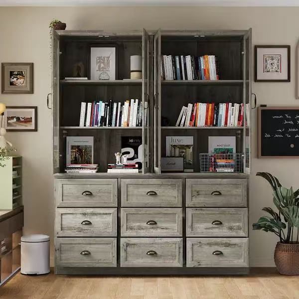Tall Bookshelf with 9 Drawers, Rustic Vintage