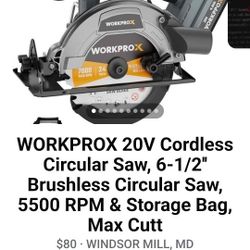 WORKPROX 20V Cordless Circular Saw, 6-1/2'' Brushless Circular Saw, 5500 RPM & Storage Bag, RETAIL $100