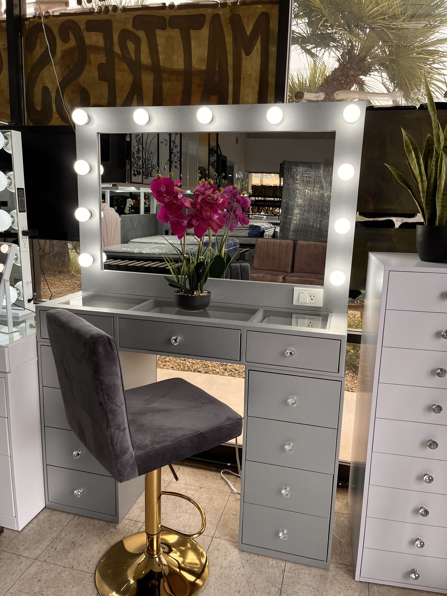 Vanity Table With Mirror Lights And A Stool