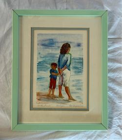 Pat Dispenziere Monotype Print - At The Beach - Framed 12x15”