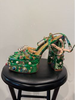 Embellished Green Floral Platform Heels with Pearl & Jewel Accents size 41