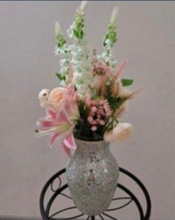 *** VALENTINE'S SPECIAL *** Silver Mosaic Vase / Faux Floral Bouquet (Tiger Lilies / Delphinium / Begonias) @ Lasting Creations