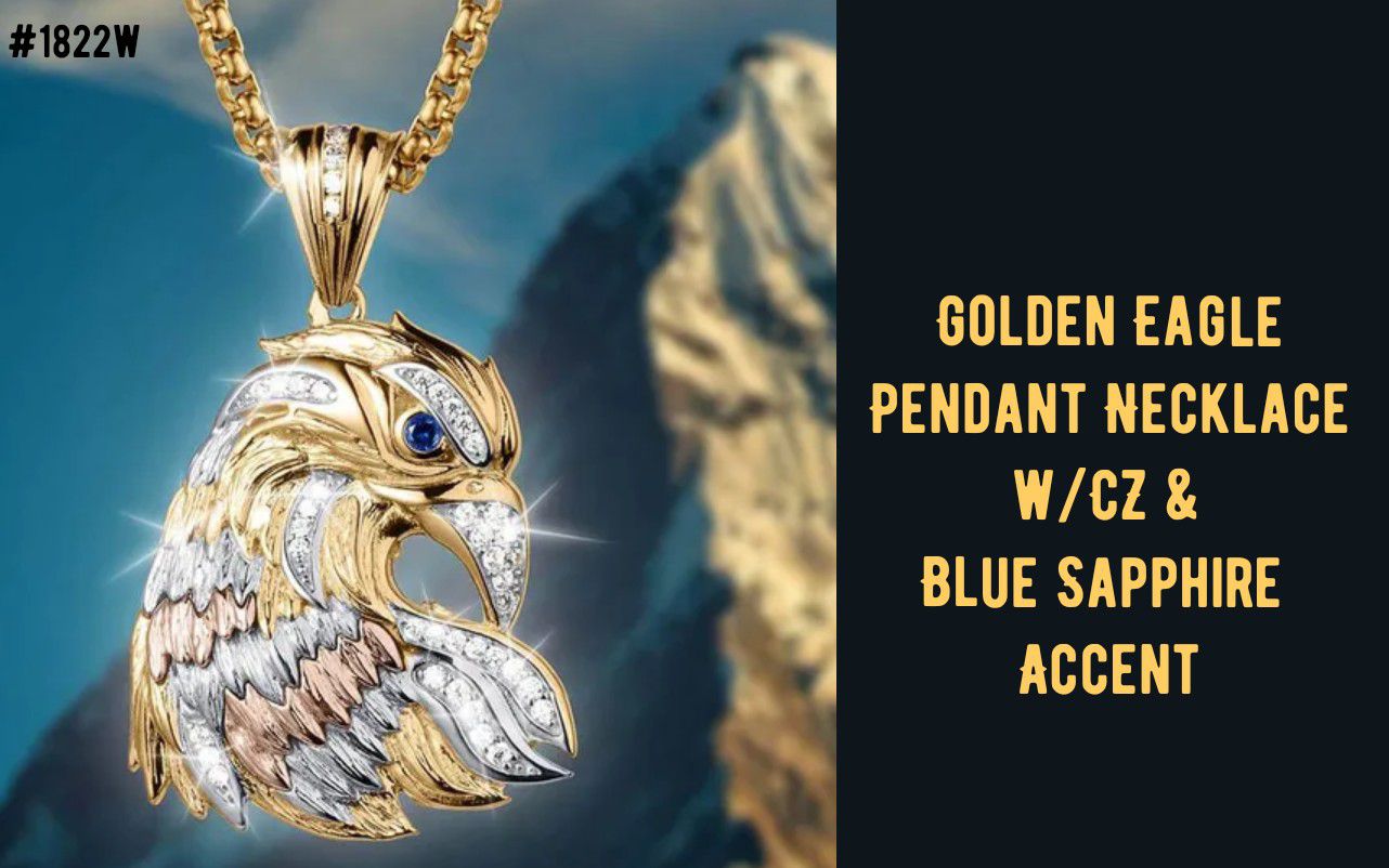 Golden Eagle Head Pendant Necklace w/cz's & Blue Sapphire, 20"