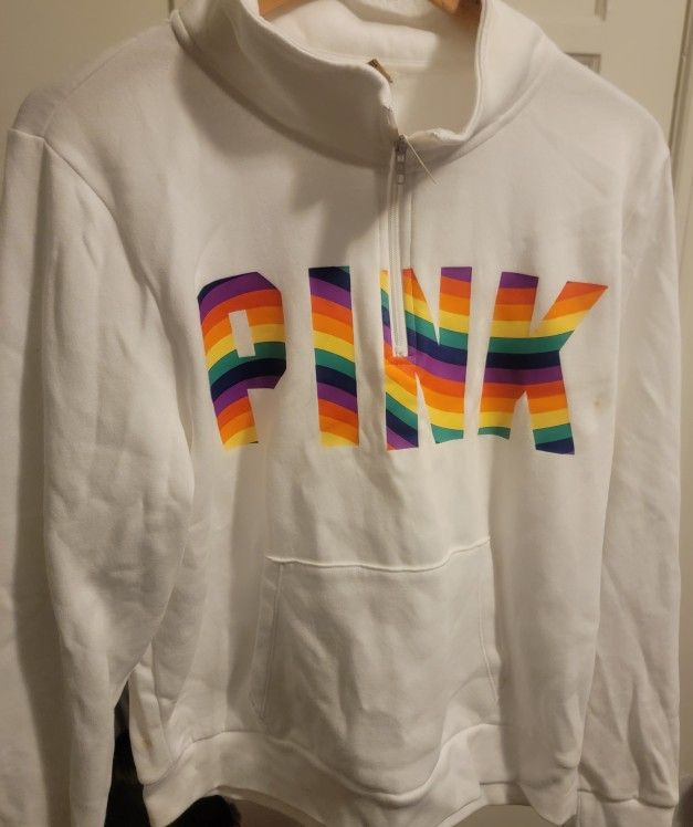 Victoria's Secret PINK White & Rainbow Quarter Zip Pride Sweater XL