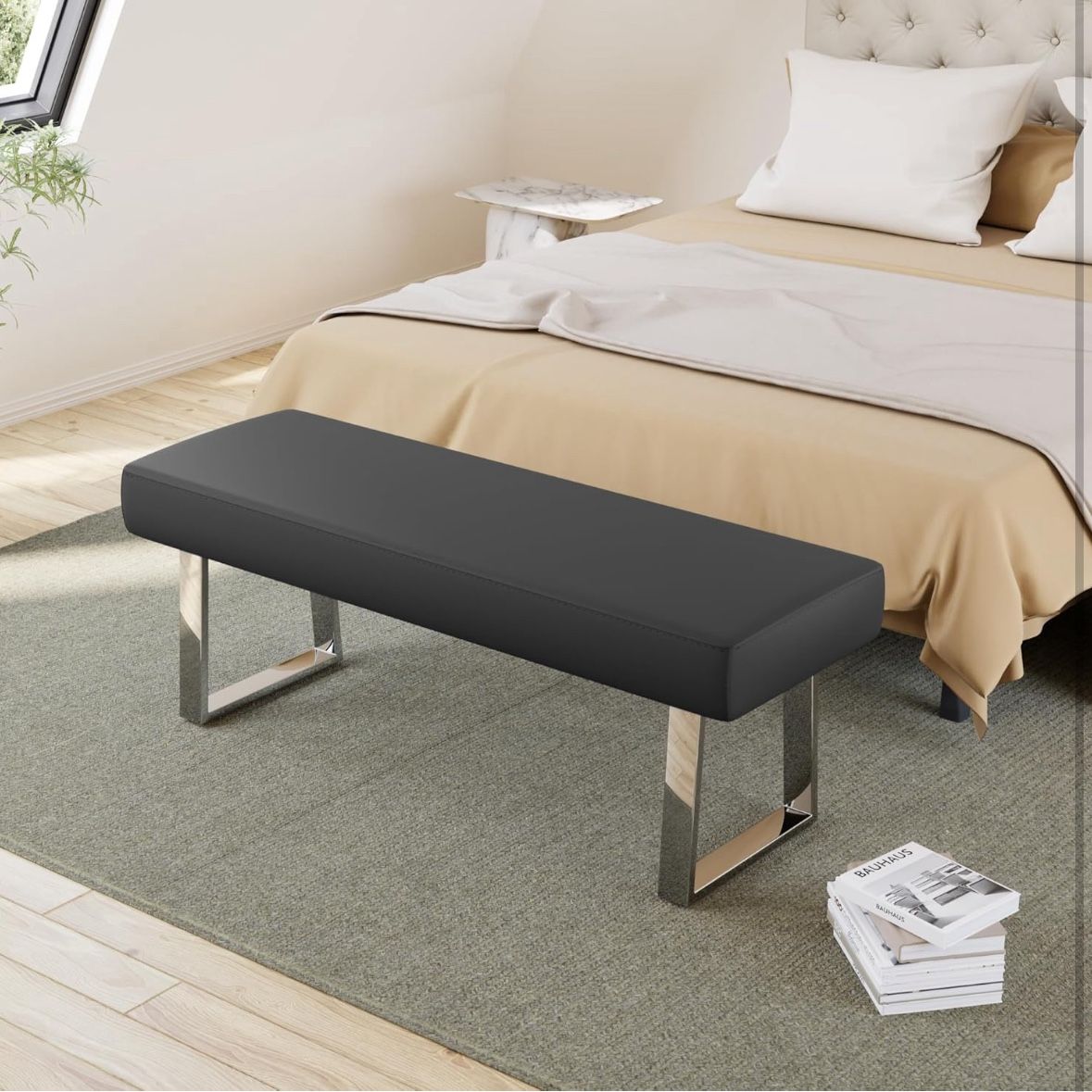 Bedroom Bench, Bed end upholstered Bench, Indoor Corner Small Footstool with Metal Legs, for Kitchen entryway Dining Room and Living Room Window