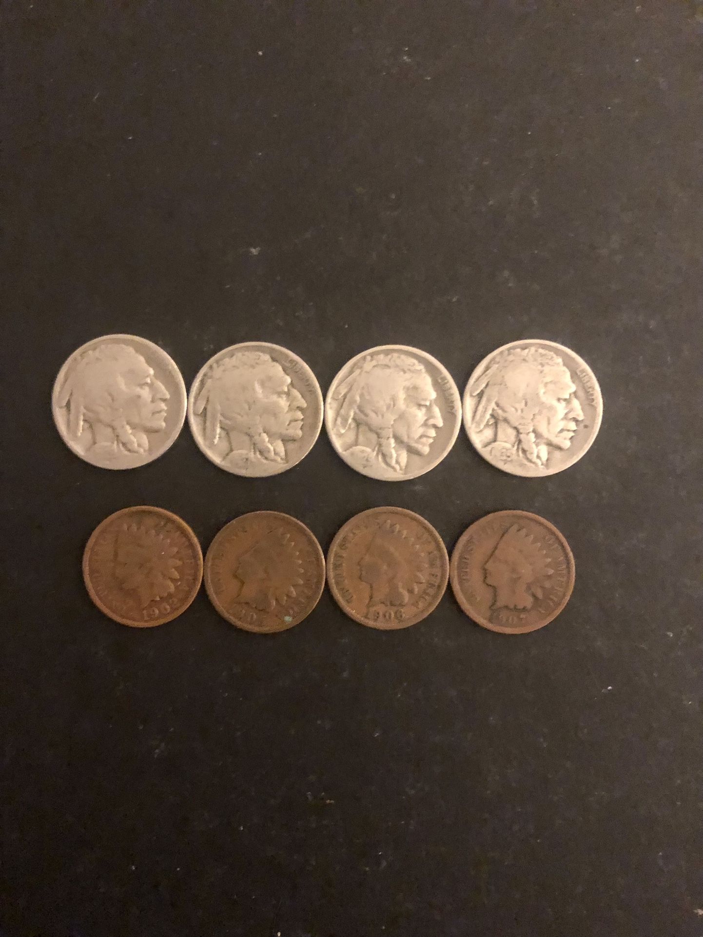 Coins – 4 Different  Date Indian Pennies and 4 Different Dates Buffalo Nickels - Total 8 Coins