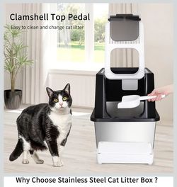 Stainless Steel Cat Litter Box, Odorless Enclosed Litter Box with Top Holes, Large Litter Pan for Small to Large Sized Cats (Deep Black, 23.8" L*15.9"