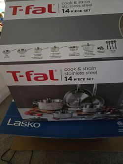 Brand new stainless steel Tfal pots, pans, and cooking utensils set (never used)