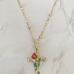 Jesus Rose Cross Necklace (14k Gold Plated)