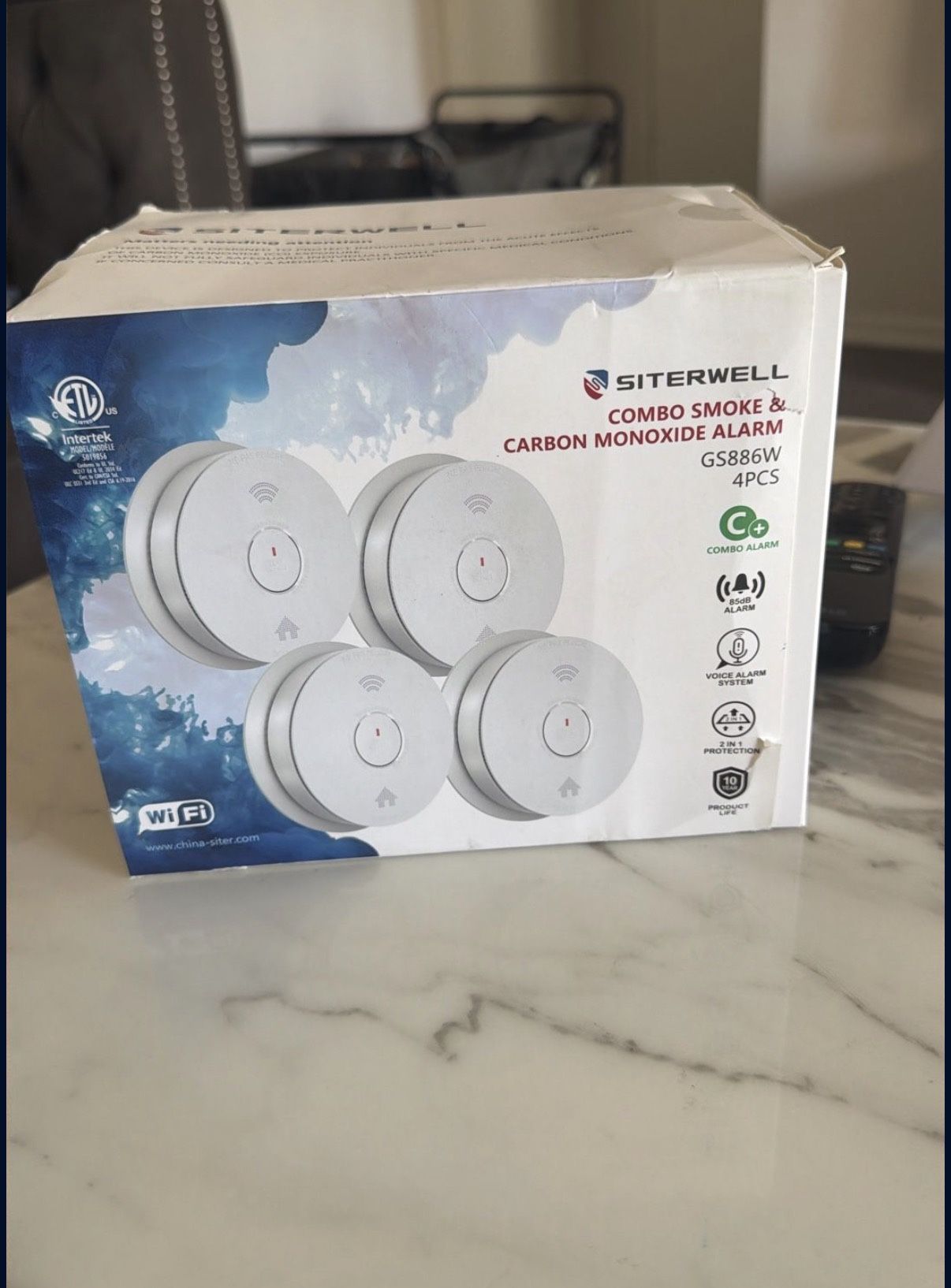 4-pack of Siterwell Combo Smoke & Carbon Monoxide Alarms, model GS886W