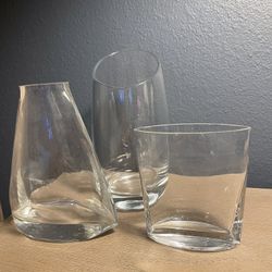 Set of 3 Modern Asymmetrical Clear Glass Vases Slanted Rim Centerpiece Decor