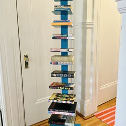 Sculptural Metal Book Tower Shelf | Vertical Narrow Bookshelf | Space Saving Teal Bookcase