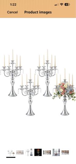 (Set of 4) 20.3'' Tall 5 Arm Silver Metal Candelabra Centerpiece for Table, Retro Table Centerpieces for Party, Events, Home, Wedding Decor