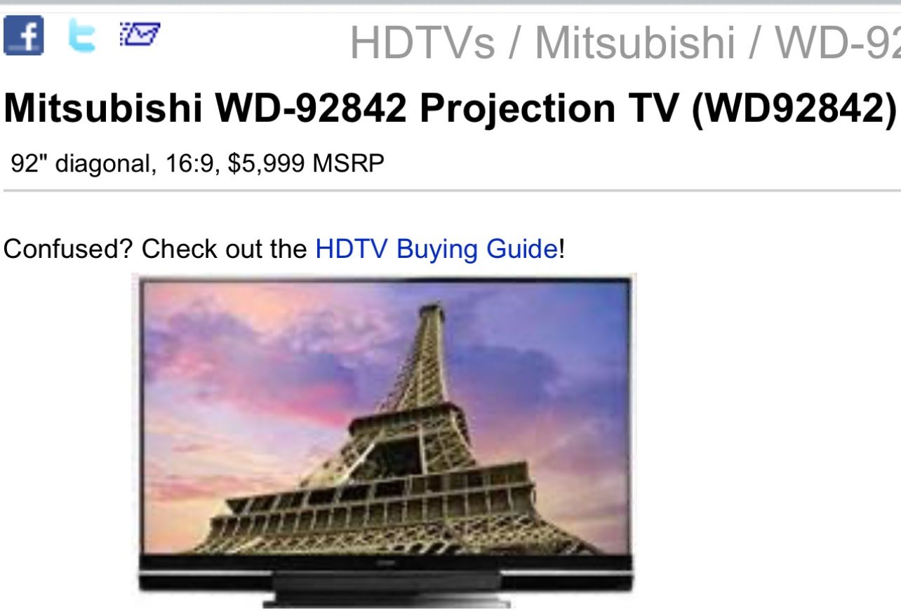 Mitsubishi 92” DLP Tv Wd92842 Diamond Series