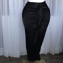 Black Satin Slit Midi Skirt Size L