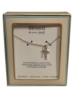 Double Cross Necklace Silver Plated CZ Blessed by Your Faith 16 in Gift Box