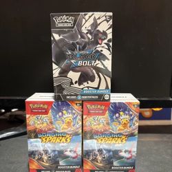  5 Pokemon booster bundles 2 surging sparks, 2 white flare, 1 black bolt all bundles still sealed