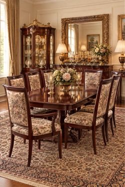 8-Piece Formal Mahogany Dining Set with Floral Upholstered Chairs Ethan Allen🌷