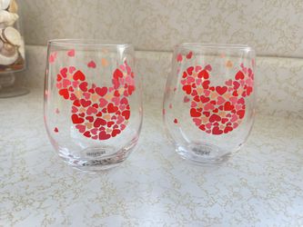 Disney Mickey Minnie Mouse Heart Head Stemless Wine Glasses Set 2 Valentine Day