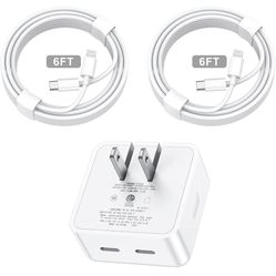 Brand New  iPhone 14 13 Charger Fast Charging Apple MFi Certified Dual USB-C Port Power Adapter with 2Pack 6FT USB-C to Lightning Cable