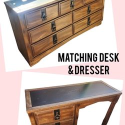 Solid wood 7 Drawer Dresser + Matching Desk 