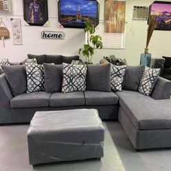 Grey Sectional With Designed Pillows ‼️new In Stock ‼️