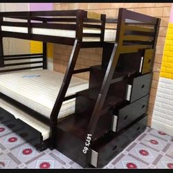 Solid Wood Dark Walnut Color Twin Full Bunk Bed with Trundle 👌 Brand New 💥 In Stock ✅