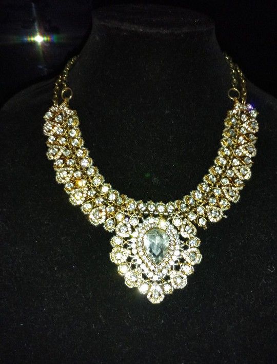 Vintage Crystal Gold Faceted Evening Bridal Wedding Cocktail Necklace Set