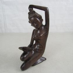 Balinese Wood Carved Exotic Woman Looking In Mirror Statue-8 1/4" Tall


