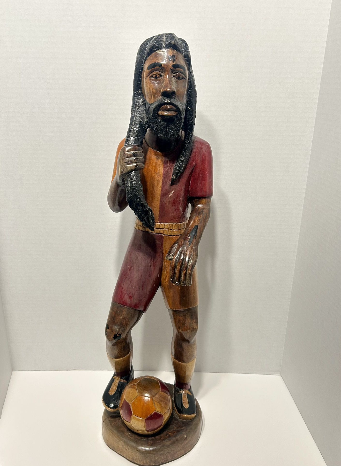 Vintage Bob Marley Soccer Statue Wood Jamaican Rasta Wood Carved 27” Rare