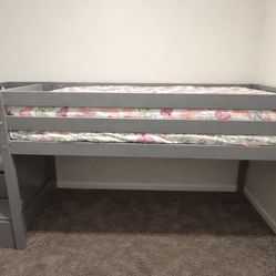 Gray Twin Size Wood Low Loft Bed with Stair, Drawer and Shelf