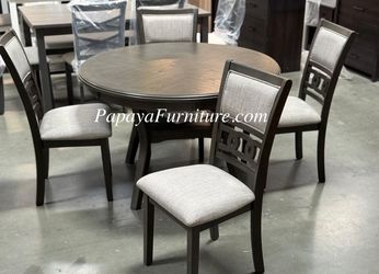 Premium 5 Piece Round Dining Table and Chair Set Ashley Style Kitchen Open Shelf Storage BIG Solid SALE Wooden Furniture Grey Wood Finish Discount
