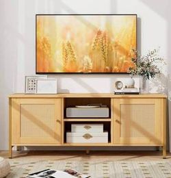 Assembled New Boho Natural TV Stand Fits TVs up to 55 in. with Faux Rattan Door