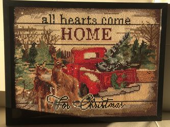 Framed Diamond Painting Of Red Christmas Truck