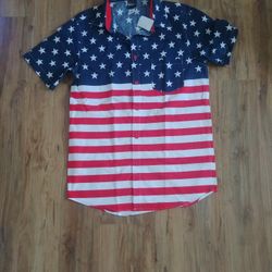 Men Button Shirt Red Stripes Blue