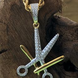Brand New Fully Iced Out scissor pendant Lab diamonds with 14k gold finish and stamped Stainless steel Rope chain.