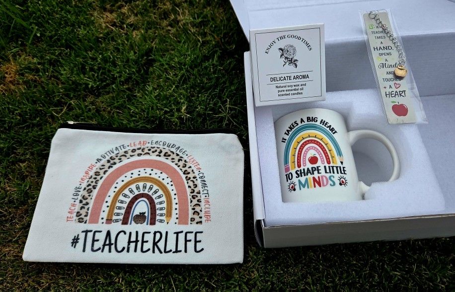 Teacher Life! Coffee Cup, Book Mark, Pouch, Essential Oil Candle Gift Box #TEACHERLIFE