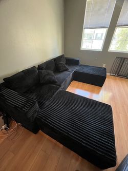 Black Corduroy Sectional Sofa with Ottoman