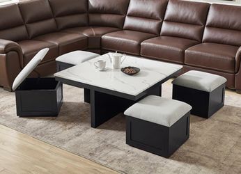 MARTA COFFEE TABLE WITH 4 STOOLS/STORAGE OTTOMANS