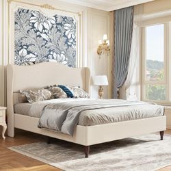 koorlian Full Size Upholstered Bed Frame with 51" Tall Headboard, Beige | Reinforced Platform Bed, Easy Assembly, Soft Fabric, Sleigh Wingback, Solid 