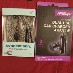 Onn USB-C to USB cable+PowerXcel Dual Car Charger 24w/New