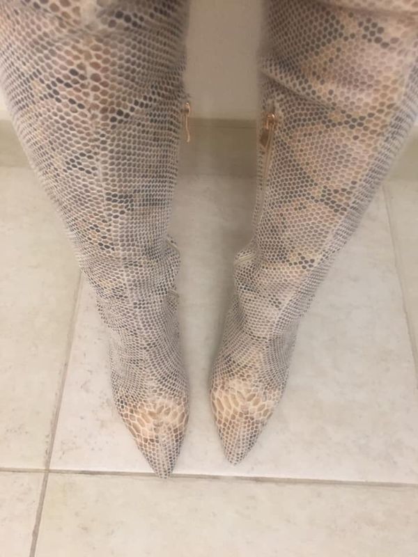 snake skin thigh high boot