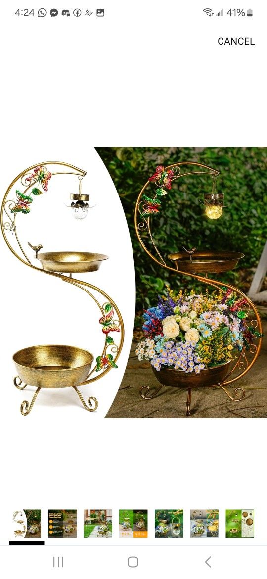 SPEED MATE Bird Baths and Flower Planter Pedestal Combo, Metal Bird Baths Solar Bird Bath and Feeders for Outdoors, Vintage Decorative Birdbaths, Deco