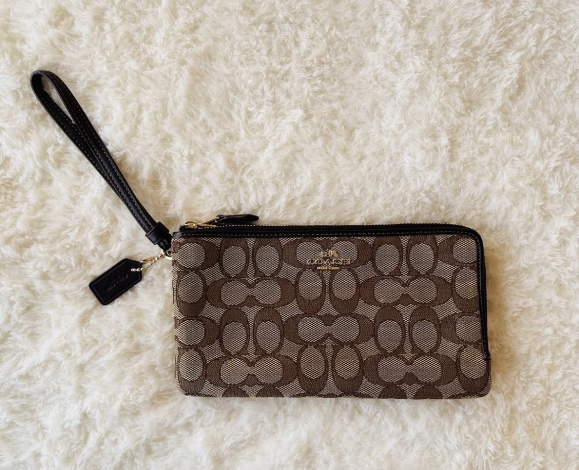 ✨NEW! Coach Double Zip Wallet In Signature Jacquard Khaki Brown Multi Signature Double Zip Wallet Wristlet - 55152 ✨