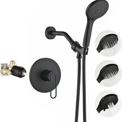 Matte Black Shower Faucet Set w/ Valve & Handheld Shower Head – 3 Spray Modes Bathroom Shower System