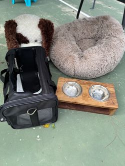 Pet bed, carrier, food, bowl, toys